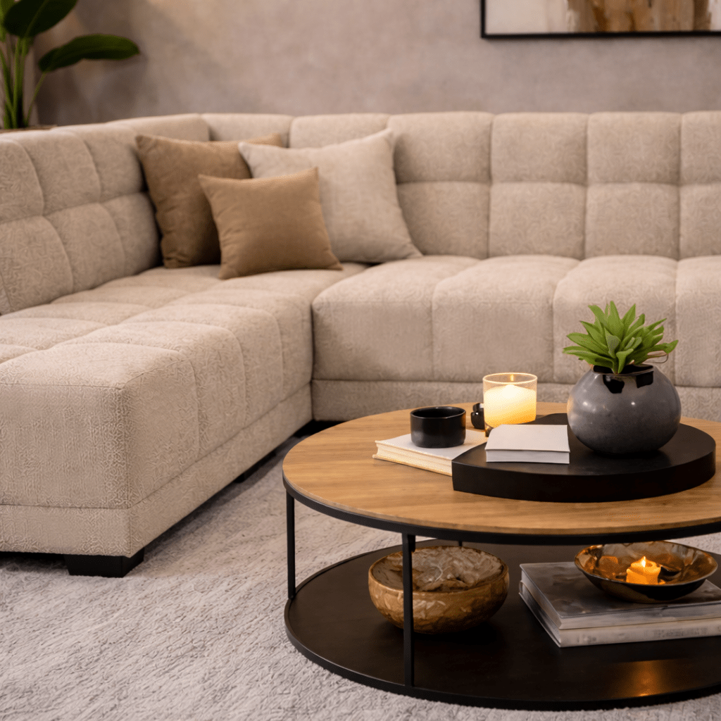 Sofas - Corner sofa with lounge beige bouclé fabric Nova - left - Dimehouse