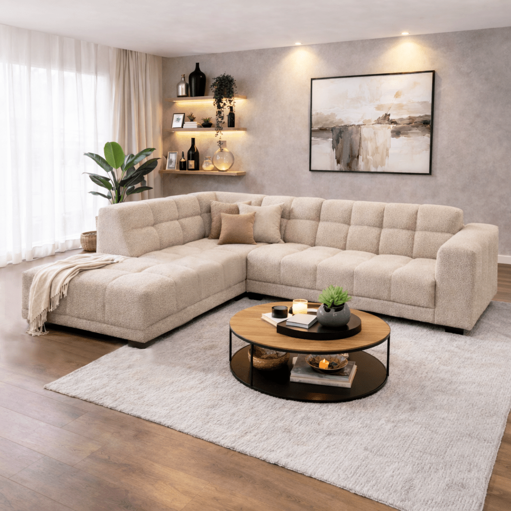 Sofas - Corner sofa with lounge beige bouclé fabric Nova - left - Dimehouse