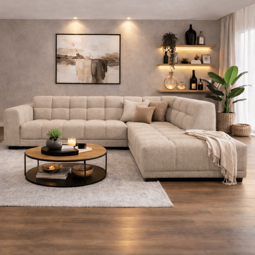 Sofas - Corner sofa with lounge beige bouclé fabric Nova - right - Dimehouse