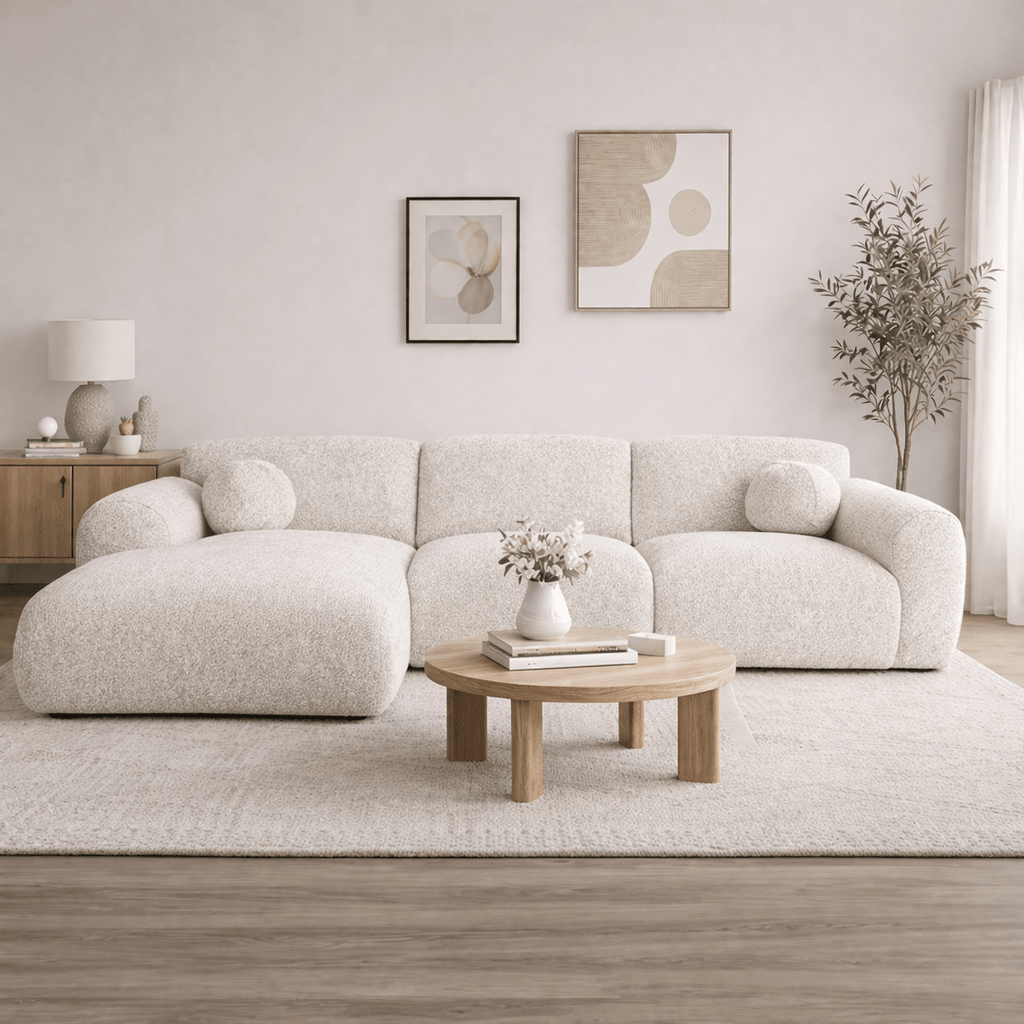 Sofas - Corner sofa beige bouclé fabric - 292x169 cm - Shane - left - Dimehouse