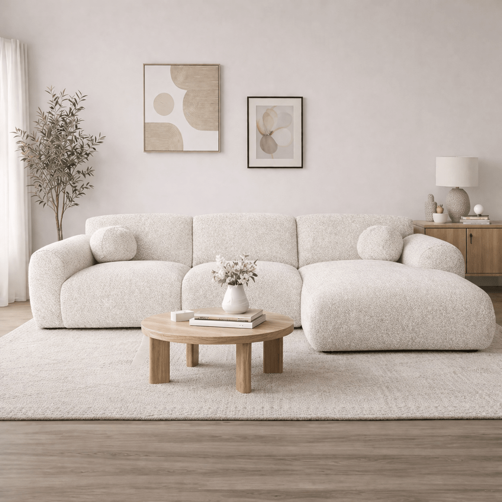 Sofas - Corner sofa beige bouclé fabric - 292x169 cm - Shane - right - Dimehouse