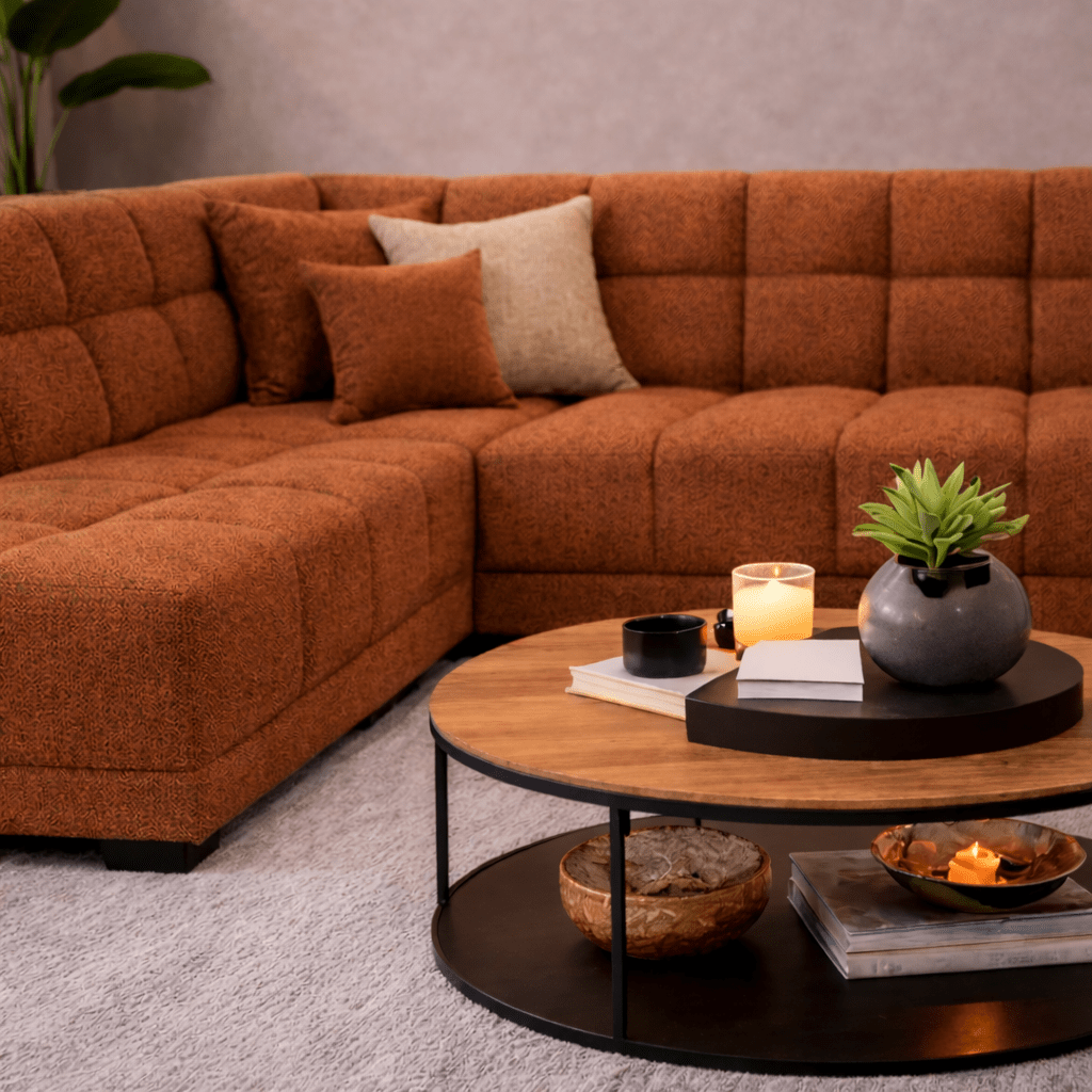 Sofas - Corner sofa with lounge copper bouclé fabric Nova - left - Dimehouse
