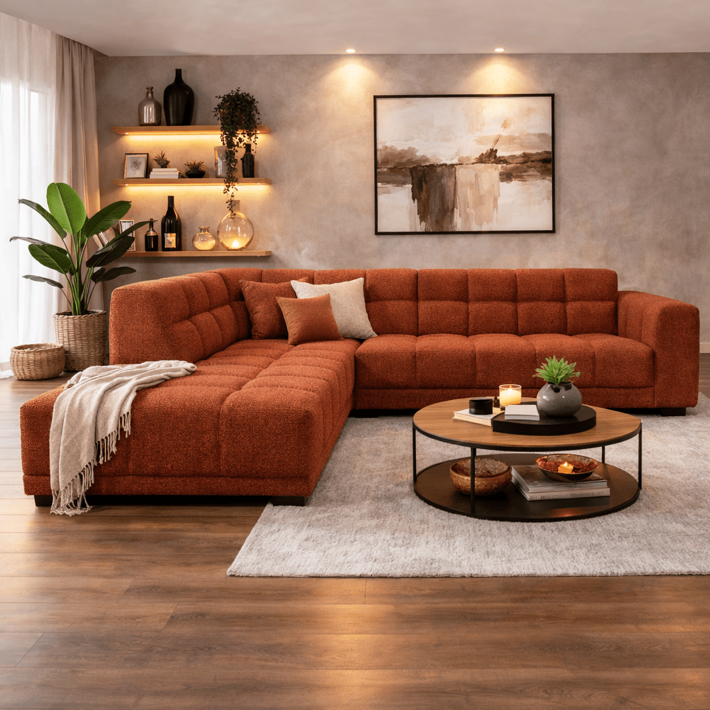Sofas - Corner sofa with lounge copper bouclé fabric Nova - left - Dimehouse