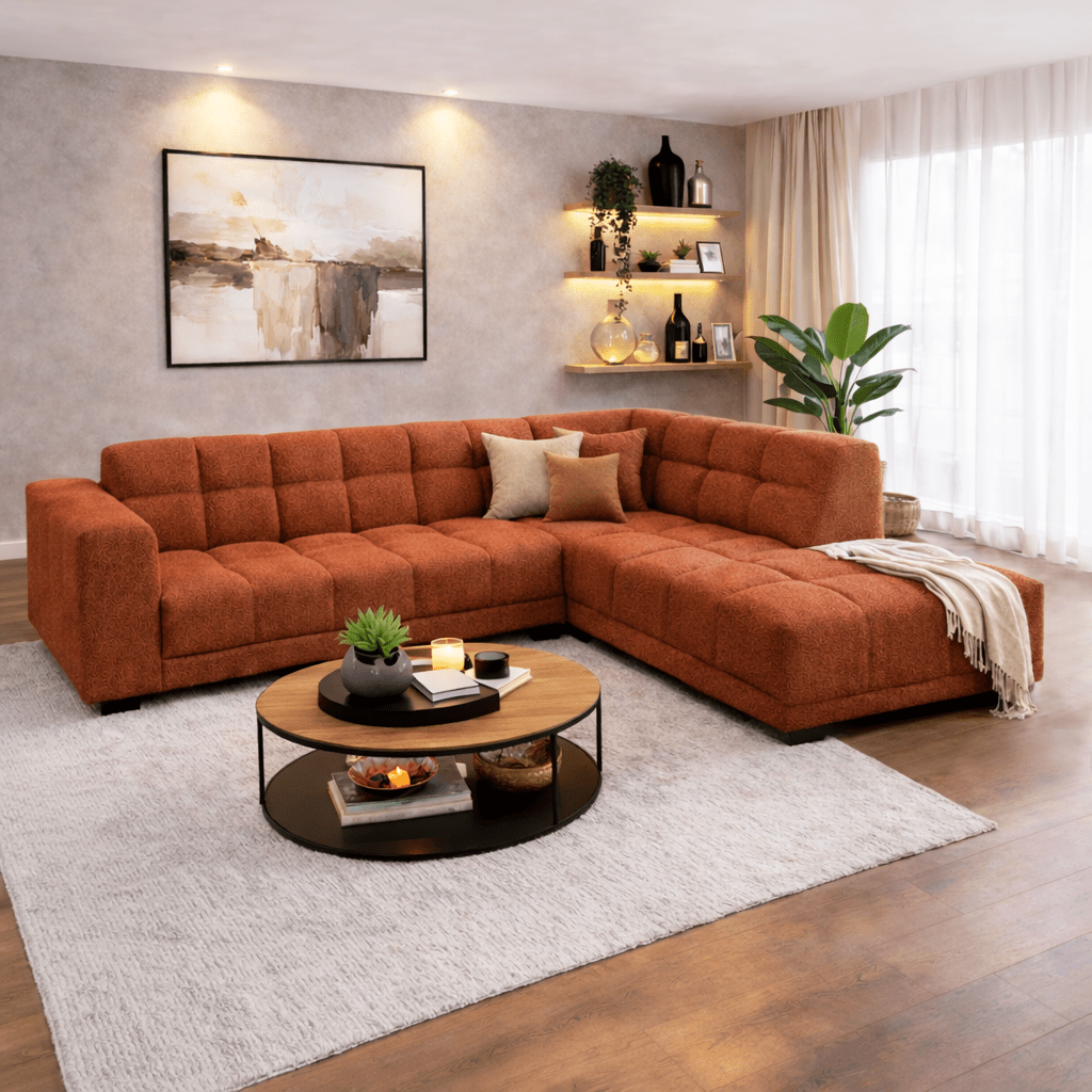 Sofas - Corner sofa with lounge copper bouclé fabric Nova - right - Dimehouse