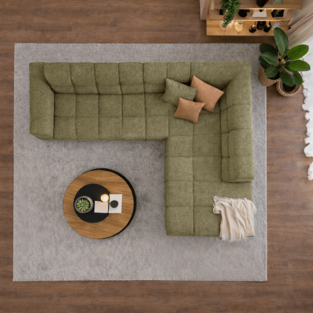 Sofas - Corner sofa with lounge olive green bouclé fabric Nova - right - Dimehouse