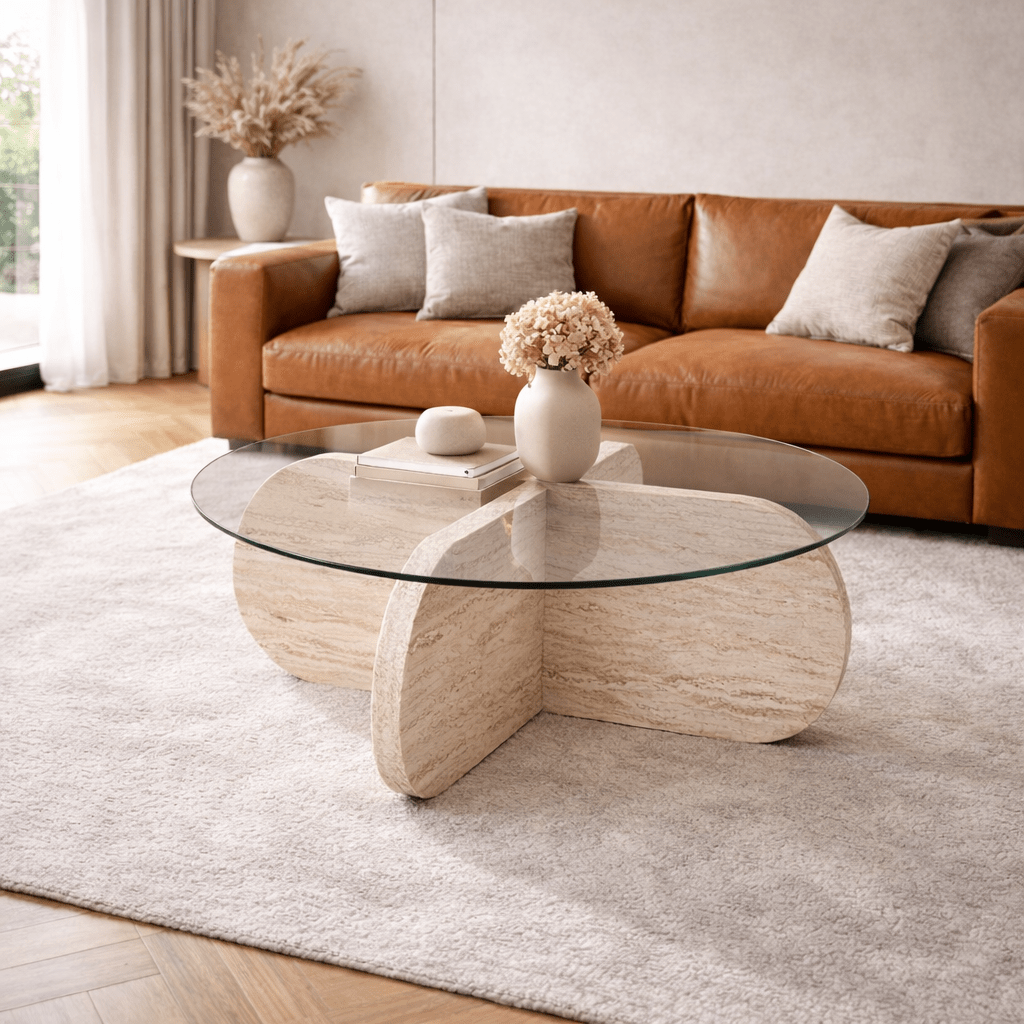 Coffee tables - Round coffee table Aris travertine melamine and transparent glass 75 cm - Dimehouse