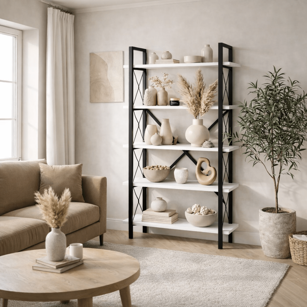 Bookcases - Industrial bookcase white melamine Ely - Black Frame - 180x90 cm - Dimehouse