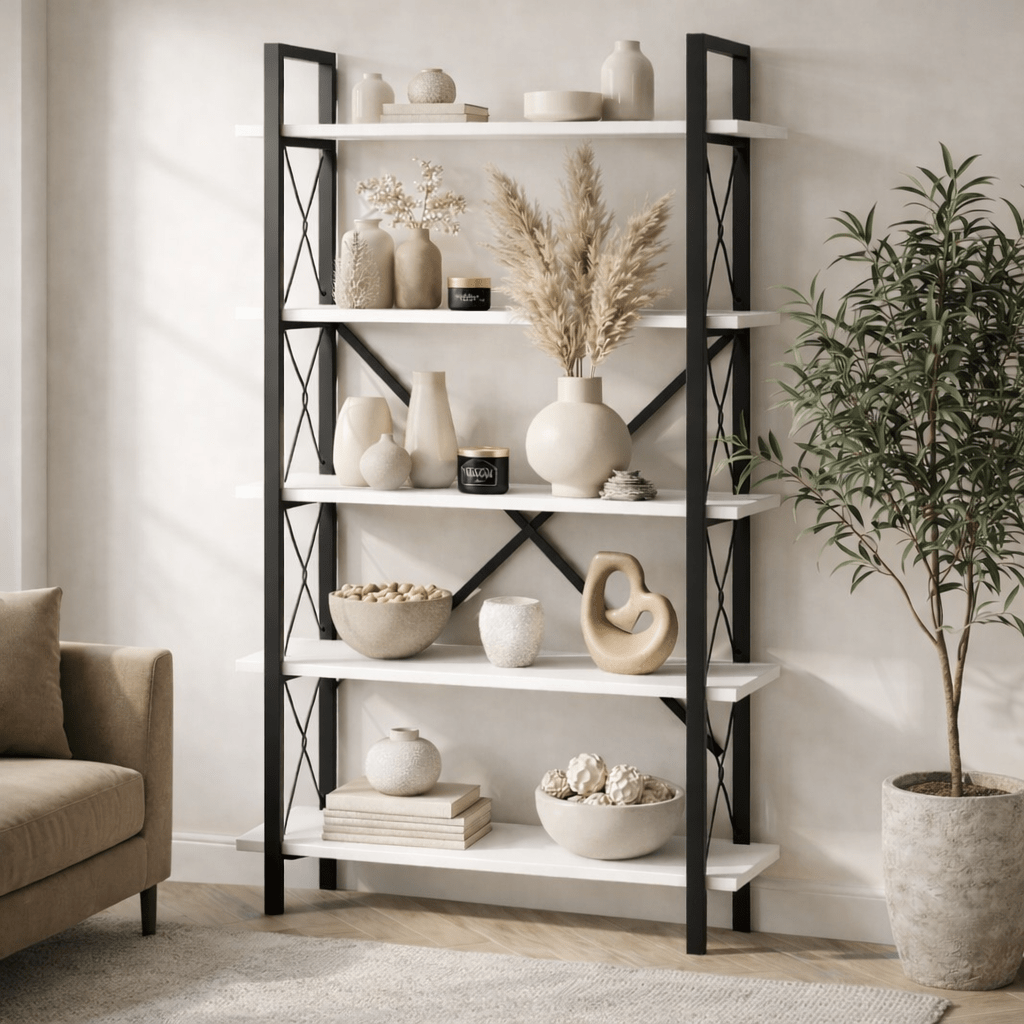 Bookcases - Industrial bookcase white melamine Ely - Black Frame - 180x90 cm - Dimehouse
