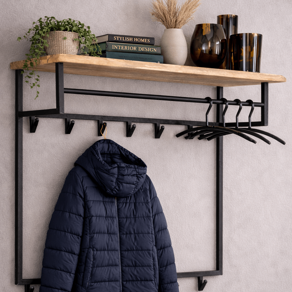 Coat Racks - Industrial Coat Rack Metal with Acacia Wood 12 Hooks 100x80cm - Teun - Dimehouse