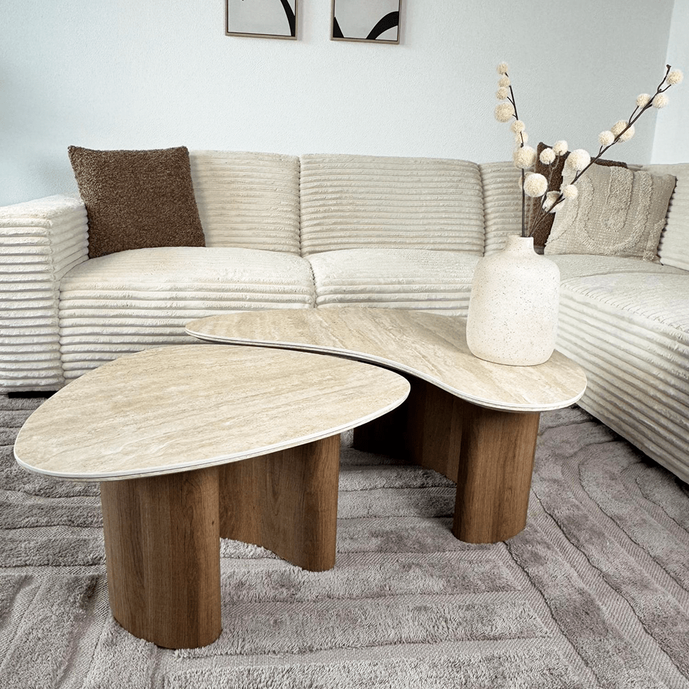 Coffee tables - Set of 2 organic coffee tables Jimi travertine top with walnut base - Japandi - Dimehouse