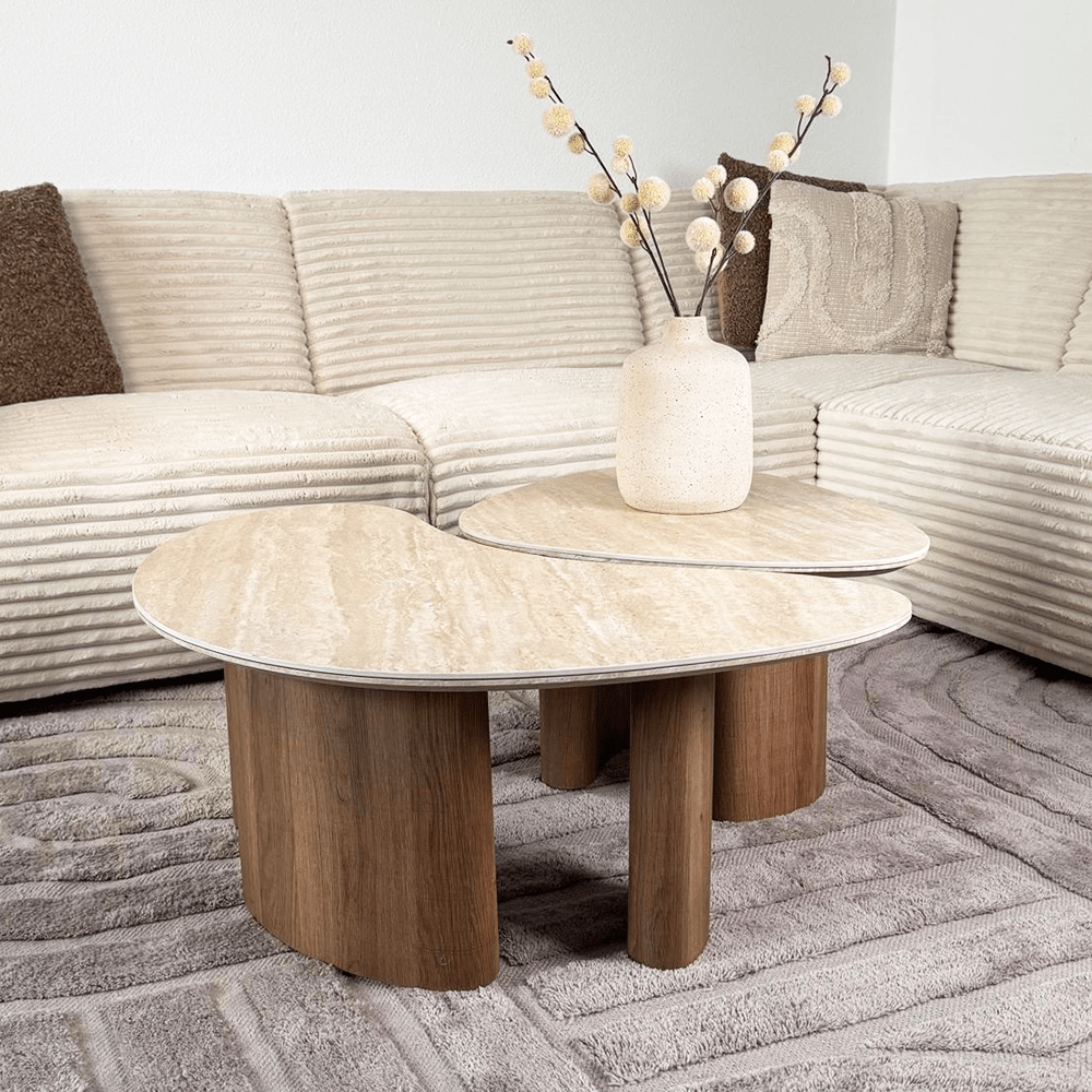 Coffee tables - Set of 2 organic coffee tables Jimi travertine top with walnut base - Japandi - Dimehouse