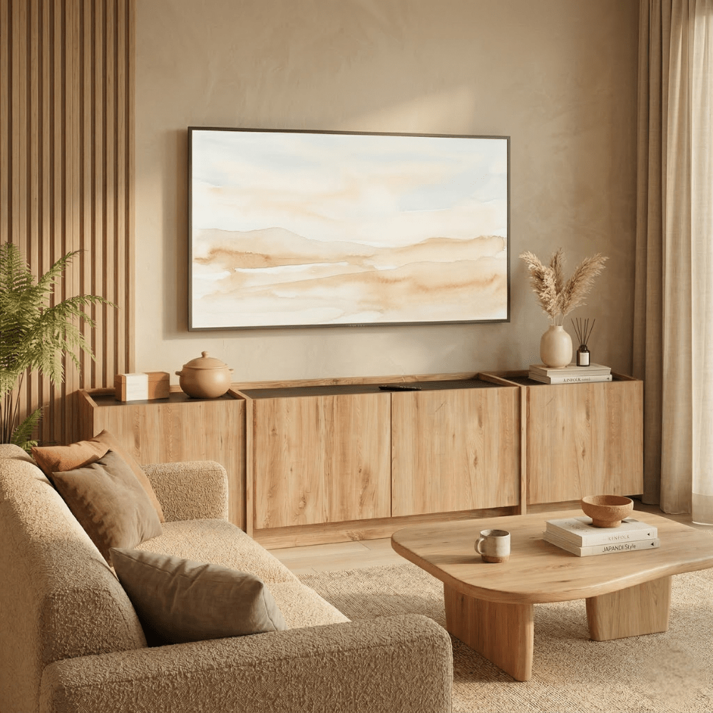 TV Furniture - TV - furniture Japandi oak look melamine anthracite Lowen 180 cm - Dimehouse