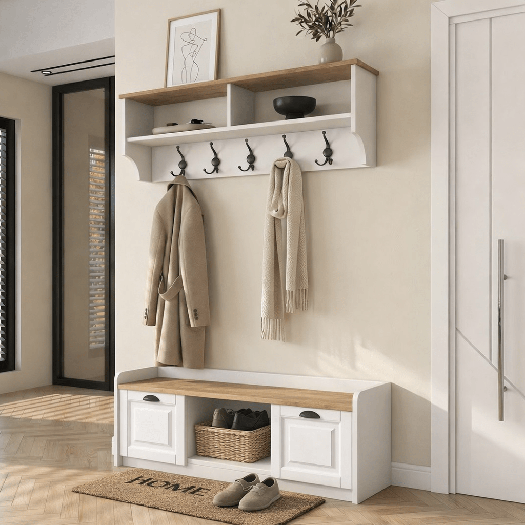 Furniture sets - Furniture set Coat rack - Shoe cabinet - White - Oak Melamine - Hally - Dimehouse