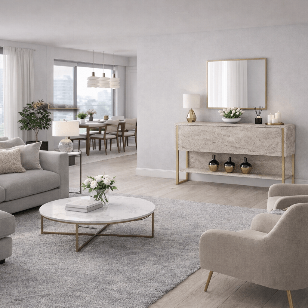 Sideboards - Modern Sideboard Travertine Luxury 120x80x30 - Gold Frame - One Compartment - Dimehouse