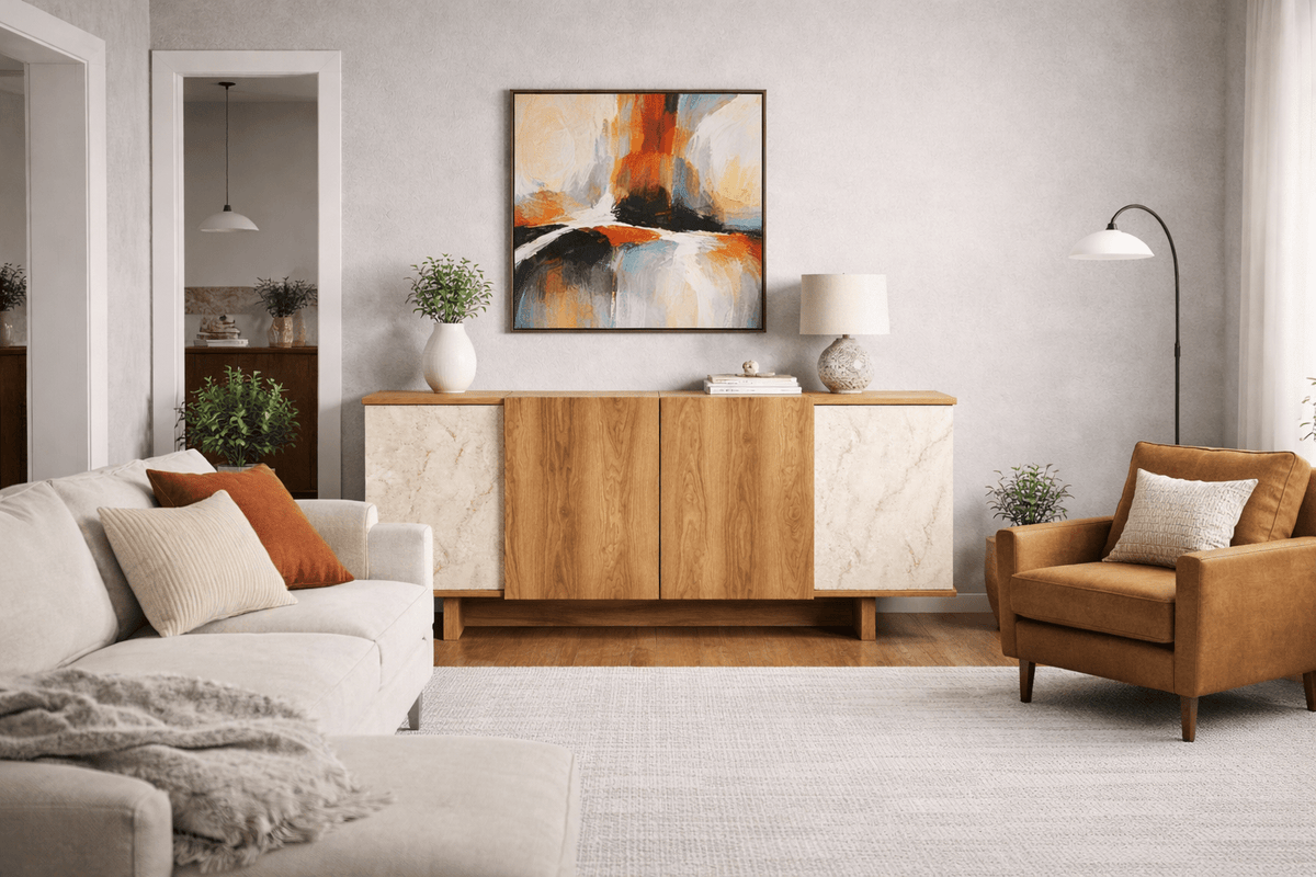 Sideboards - Modern Sideboard Travertine - Walnut look Melamine Diana 180 cm - Dimehouse