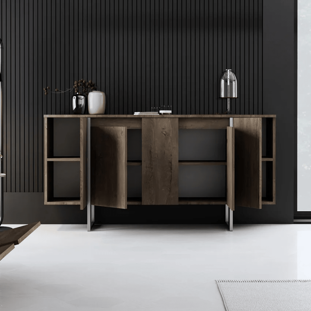 Sideboards - Modern Sideboard Walnut Luxury 160x80x35 - Silver Frame - Dimehouse