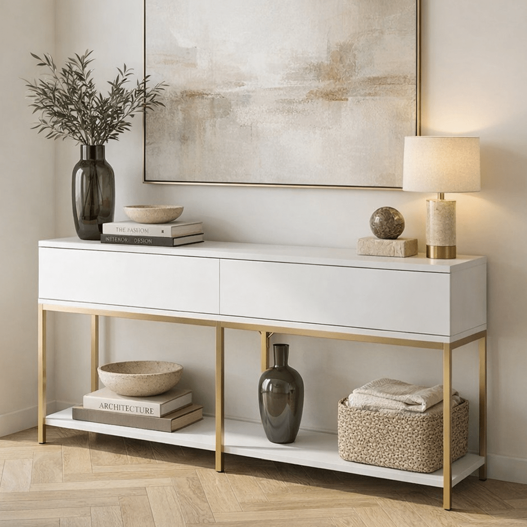 Sideboards - Modern Sideboard White Lord 150x30x80 - Gold Frame - Two Compartments - Dimehouse