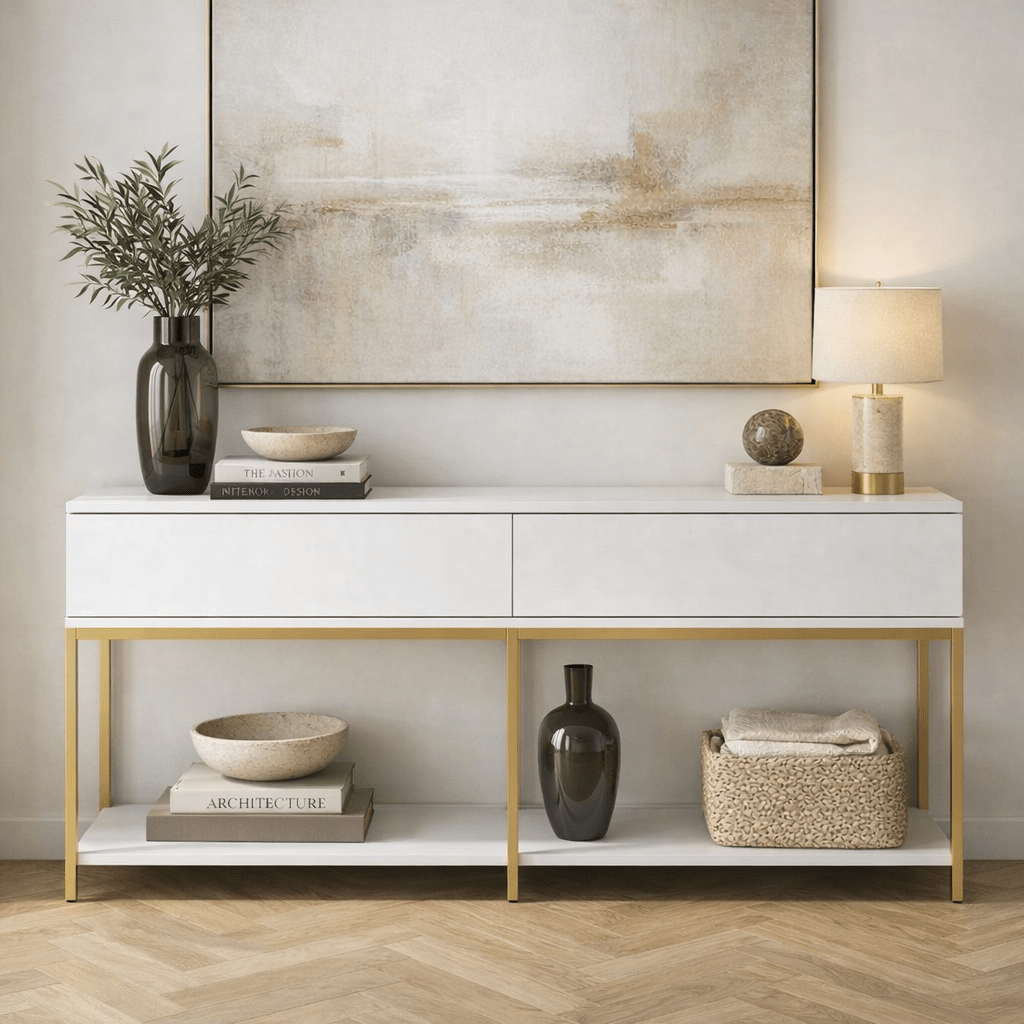 Sideboards - Modern Sideboard White Lord 150x30x80 - Gold Frame - Two Compartments - Dimehouse