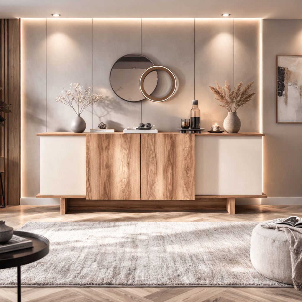 Sideboards - Modern Sideboard Sand - Walnut look Melamine Diana 180 cm - Dimehouse