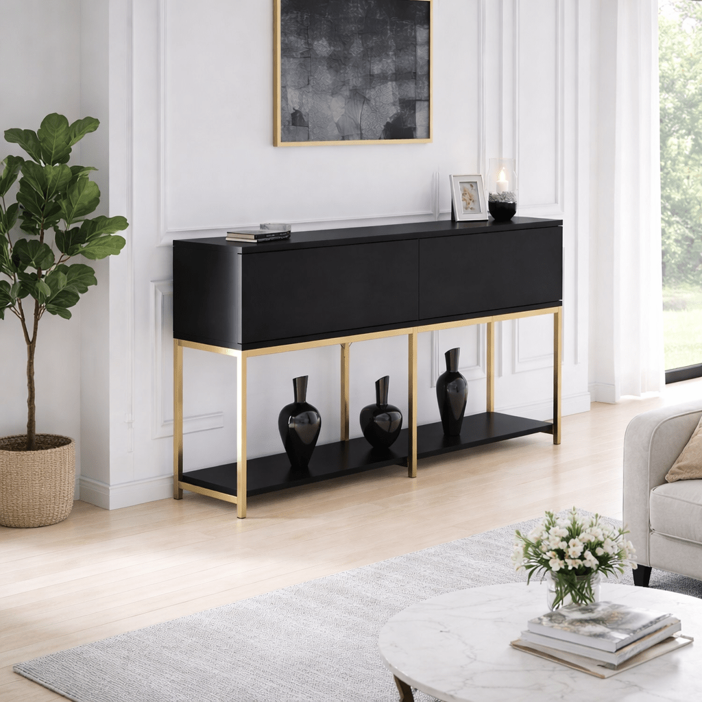 Sideboards - Modern Sideboard Black Lord 150x30x80 - Gold Frame - Two Compartments - Dimehouse