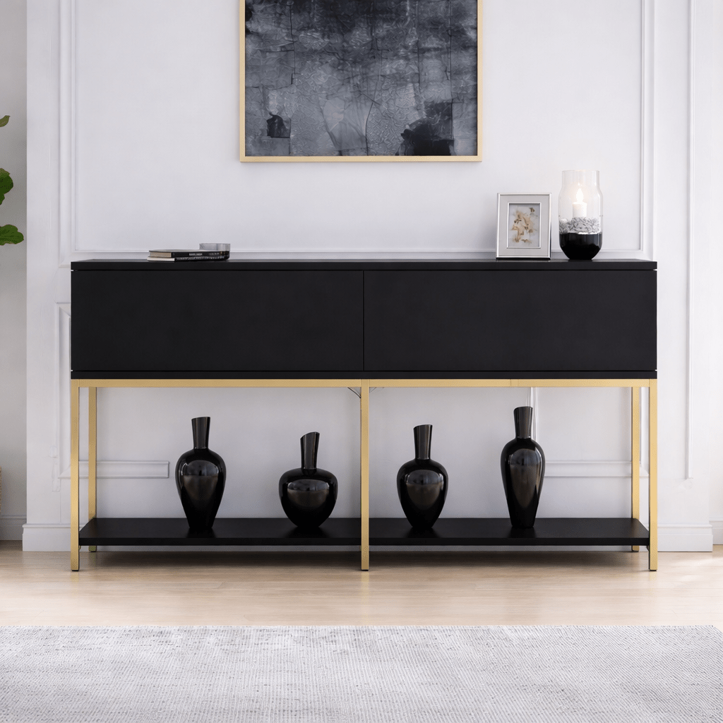Sideboards - Modern Sideboard Black Lord 150x30x80 - Gold Frame - Two Compartments - Dimehouse