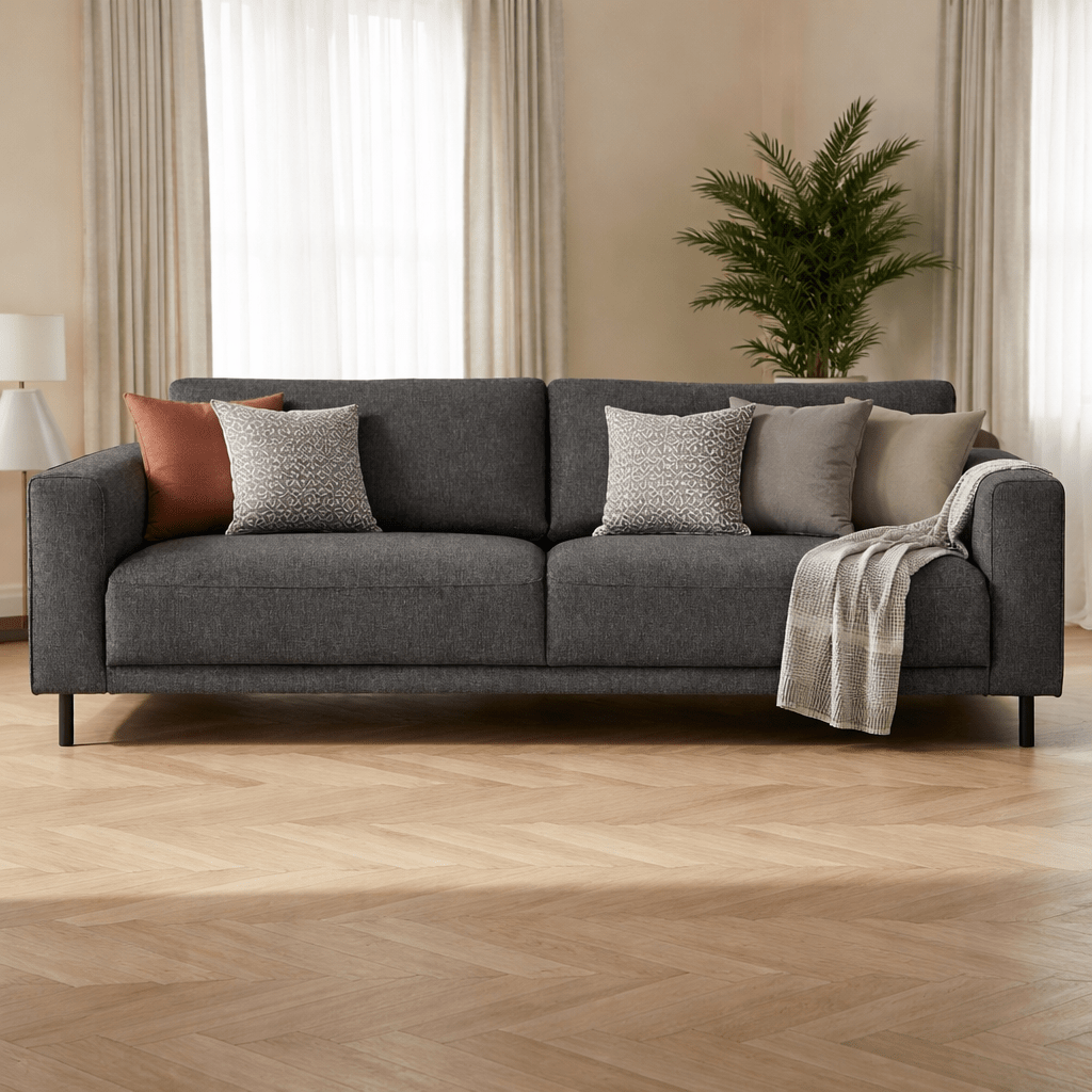 Sofas - Modern 3-seater Sofa Anthracite Fabric Aniko 213x90x78 cm - Dimehouse