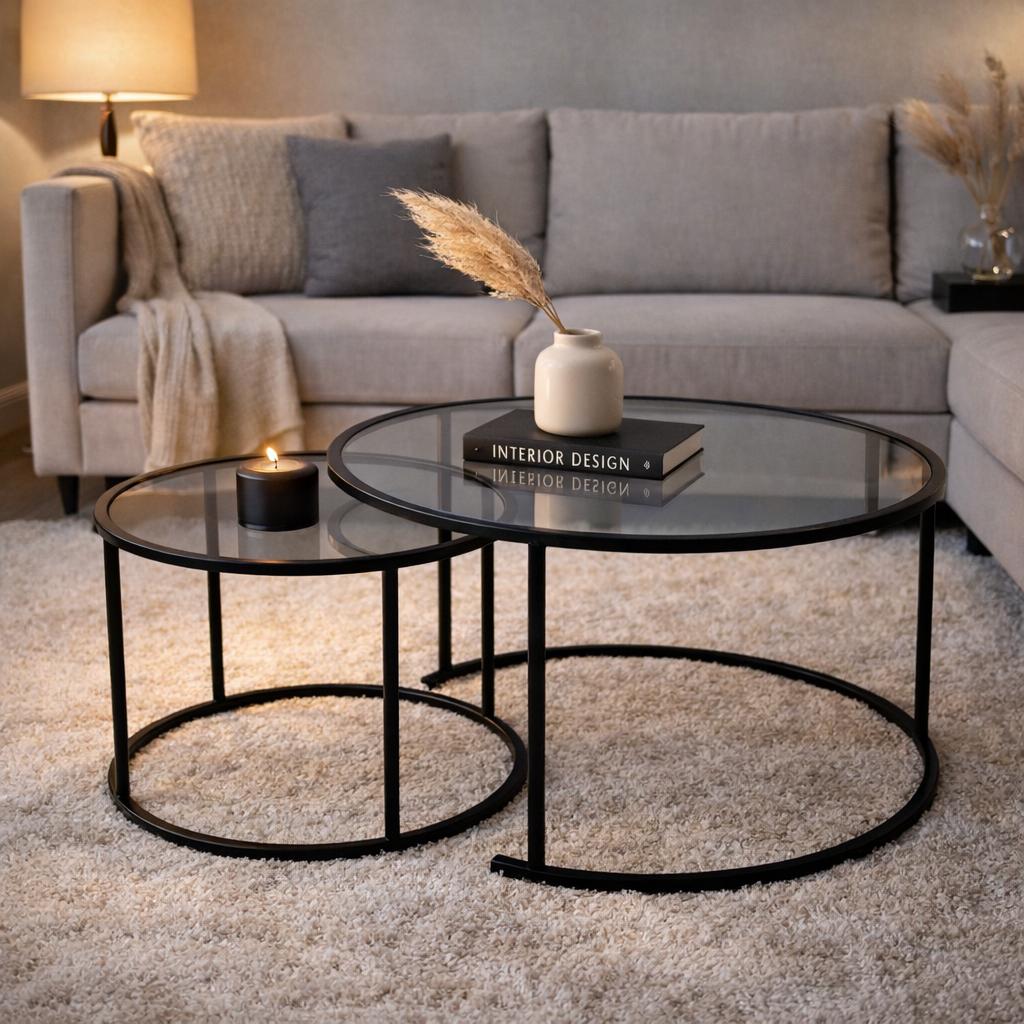 Coffee Tables - Modern Round Coffee Table Set of 2 Uru Black - Gray Glass - 80/60 cm - Dimehouse