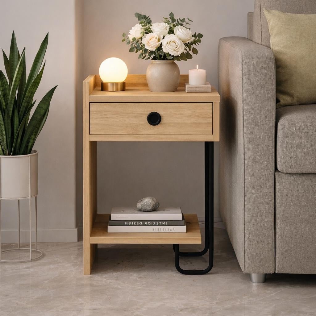 Bedside tables - Bedside table Sirius Left Oak Melamine 32x61x30 cm - Dimehouse