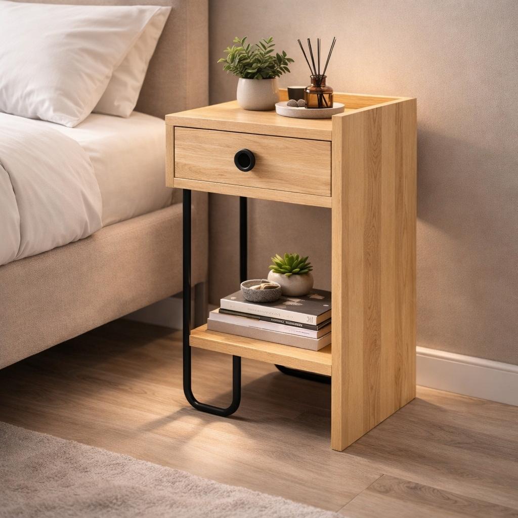 Bedside tables - Bedside table Oak Melamine - With drawer - Right - 32x61x30 cm - Sirius - Dimehouse