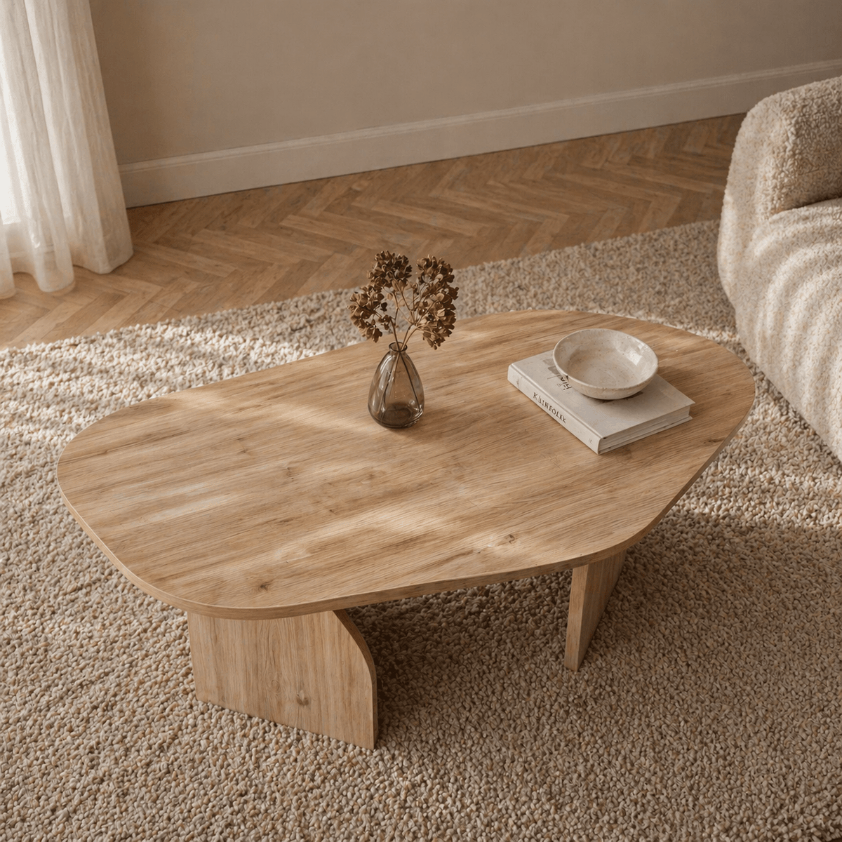 Coffee tables - Organic Coffee Table Oak Melamine Japandi - 105x65 cm - Rack - Dimehouse
