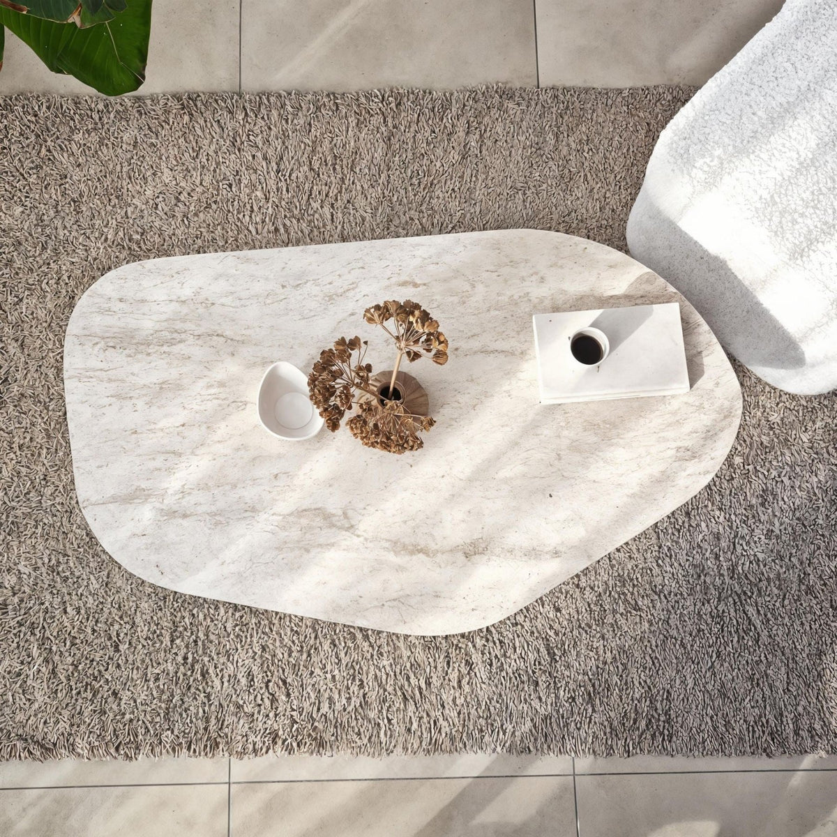 Coffee Tables - Organic Coffee Table Travertine Melamine Japandi - 105x65 cm - Rack - Dimehouse