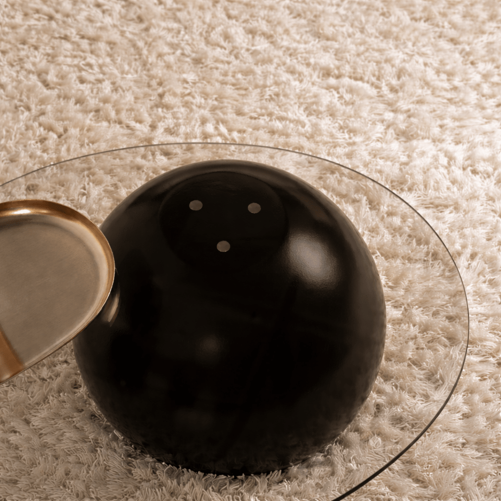 Coffee tables - Organic coffee table bronze tinted glass black ball legs Sphere 120x70 cm - Dimehouse