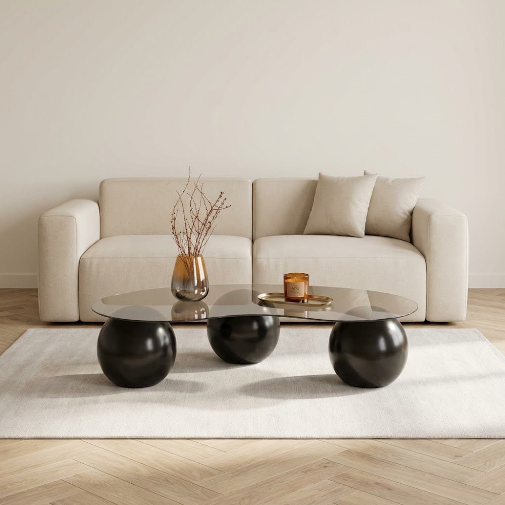 Coffee tables - Organic coffee table bronze tinted glass black ball legs Sphere 120x70 cm - Dimehouse
