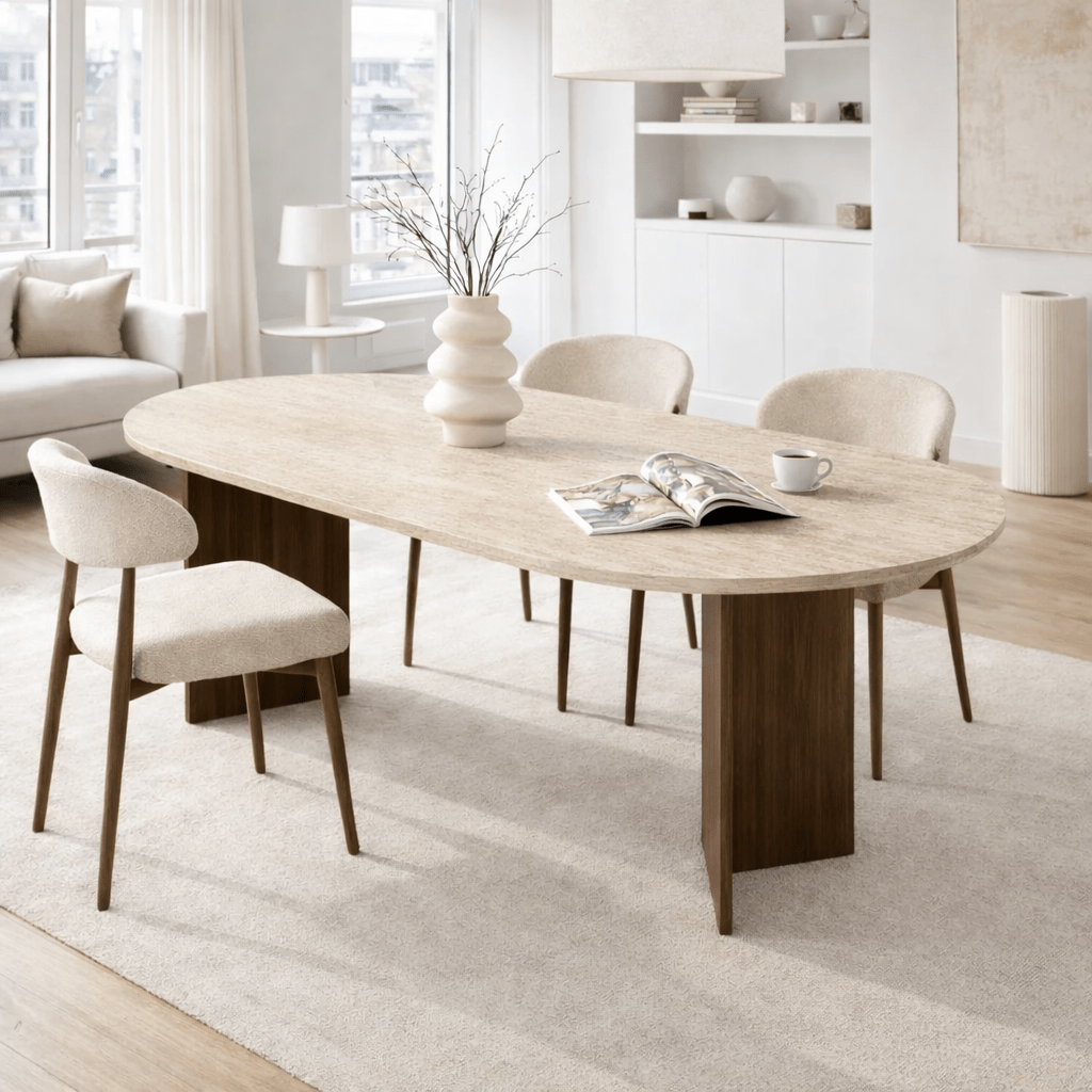 Dining tables - Oval dining table travertine top - walnut melamine - 180x89.5x75 cm - Sota - Dimehouse