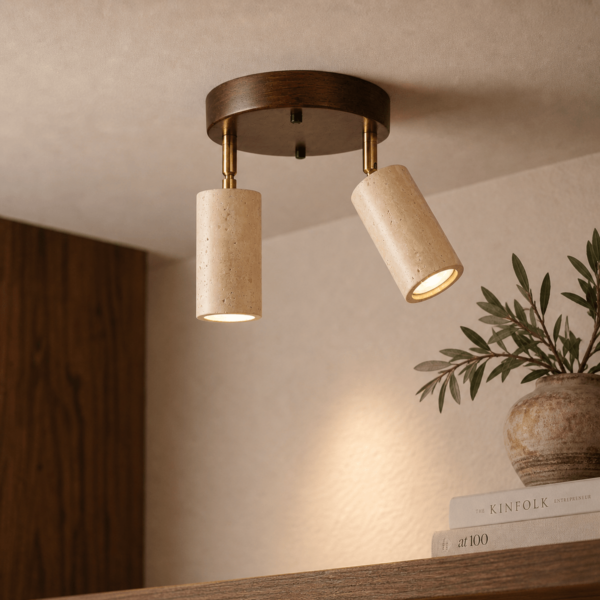 Hanging lamps - Ceiling lamp spot - Walnut & Travertine - set of 2 - Akari - Dimehouse