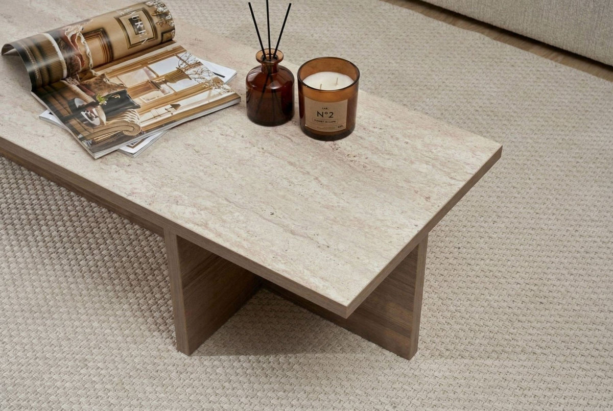 Modern rectangular coffee table with travertine top and walnut melamine base. Dimensions: 120 x 45 x 30 cm.