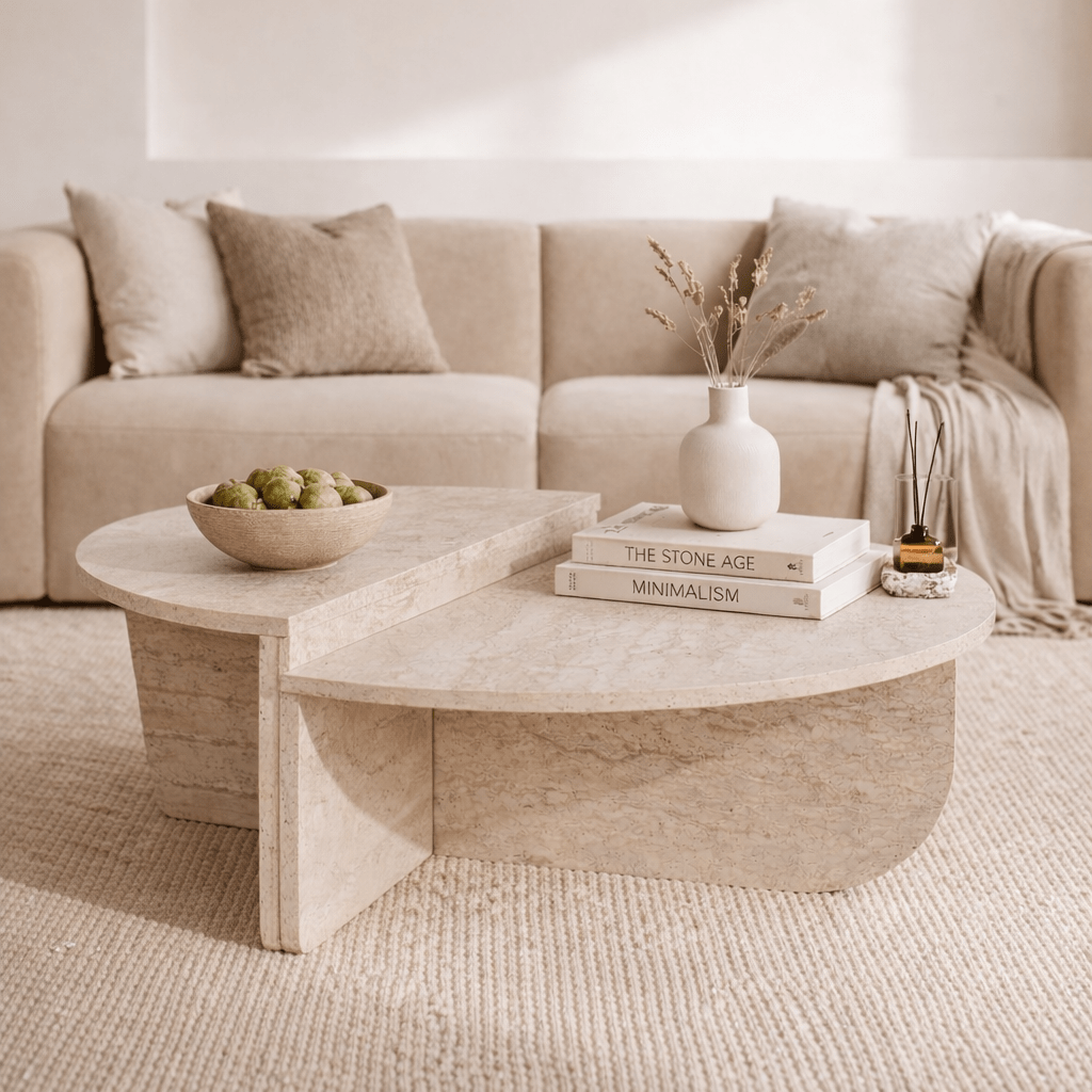 Coffee tables - Round coffee table travertine melamine Orin 85 cm - Dimehouse