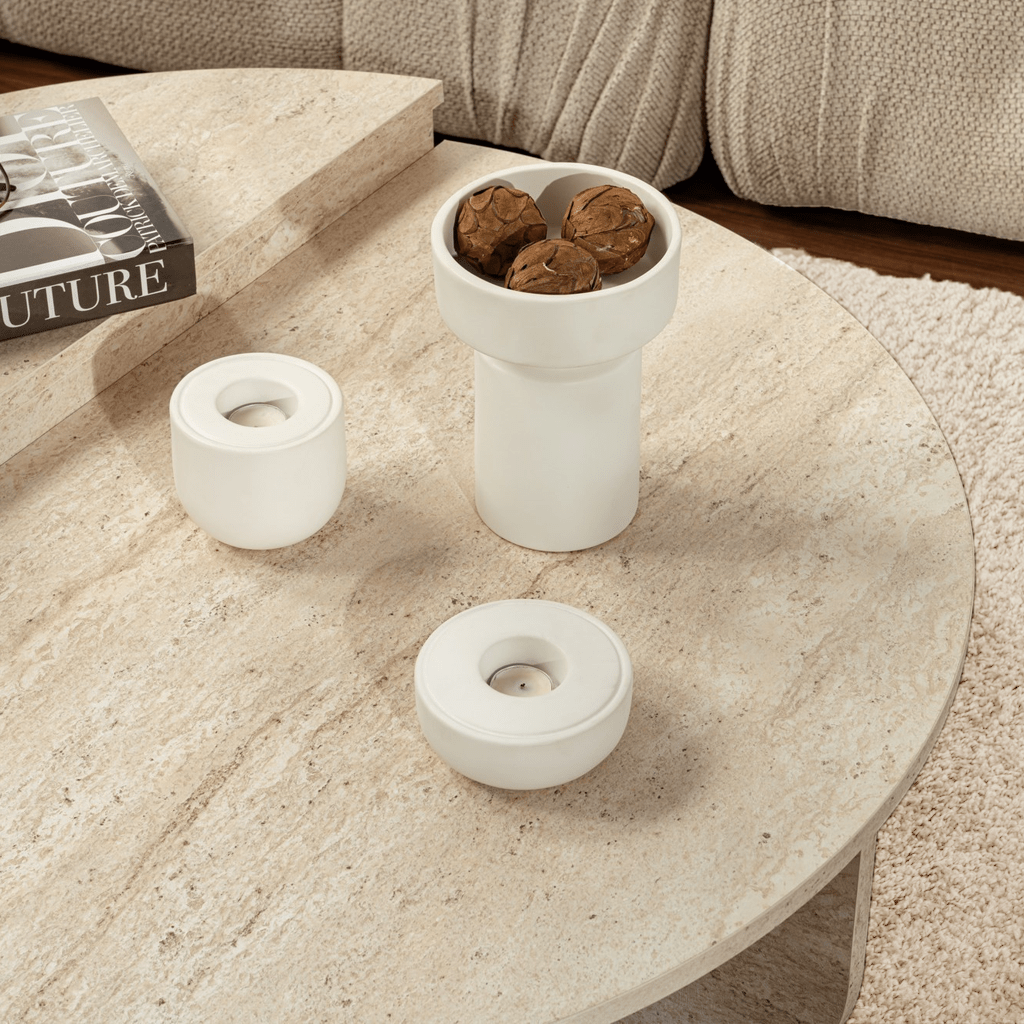 Coffee tables - Round coffee table travertine melamine Orin 85 cm - Dimehouse