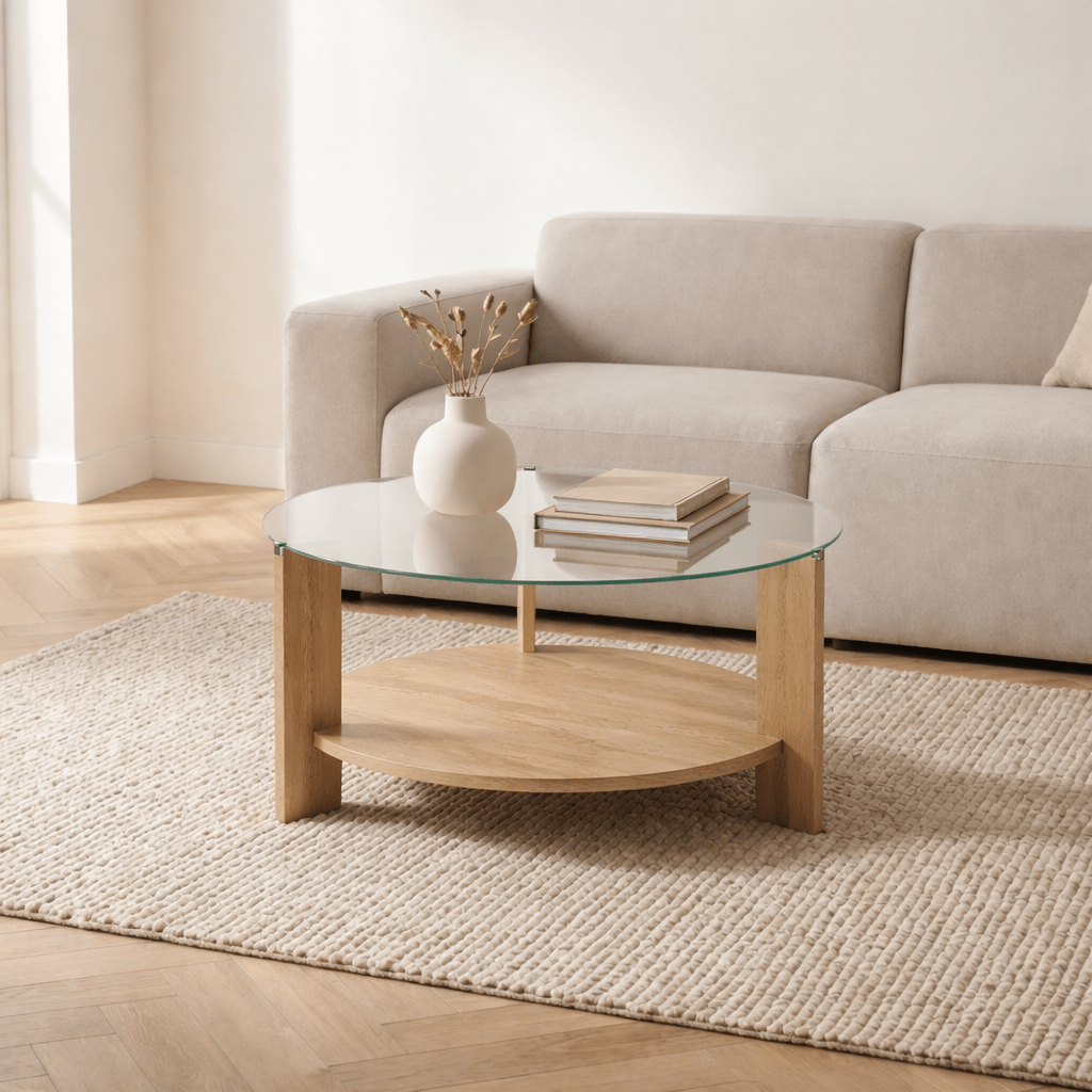 Coffee tables - Round coffee table oak melamine transparent glass Ø75 cm - Cairo - Dimehouse