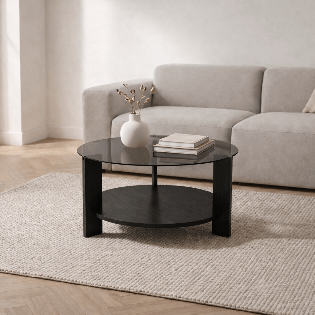 Coffee tables - Round coffee table black melamine smoked glass Ø75 cm - Cairo - Dimehouse