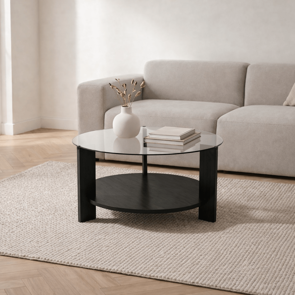 Coffee tables - Round coffee table black melamine transparent glass Ø75 cm - Cairo - Dimehouse