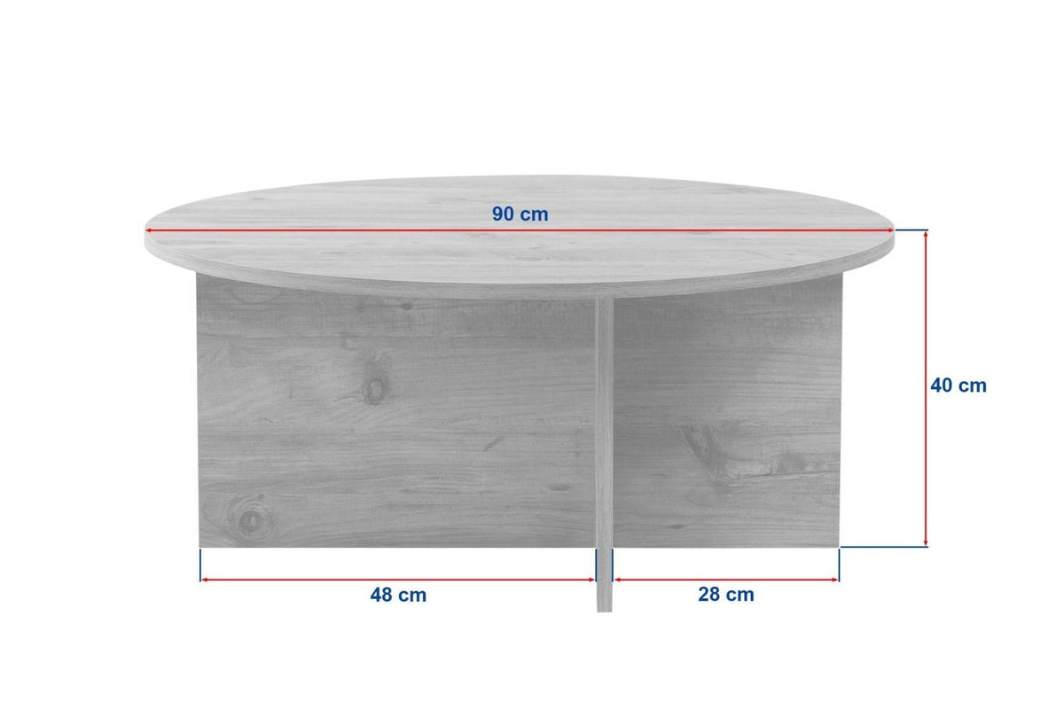 White photo with dimensions round coffee table with travertine top and dark wooden base in cross shape.