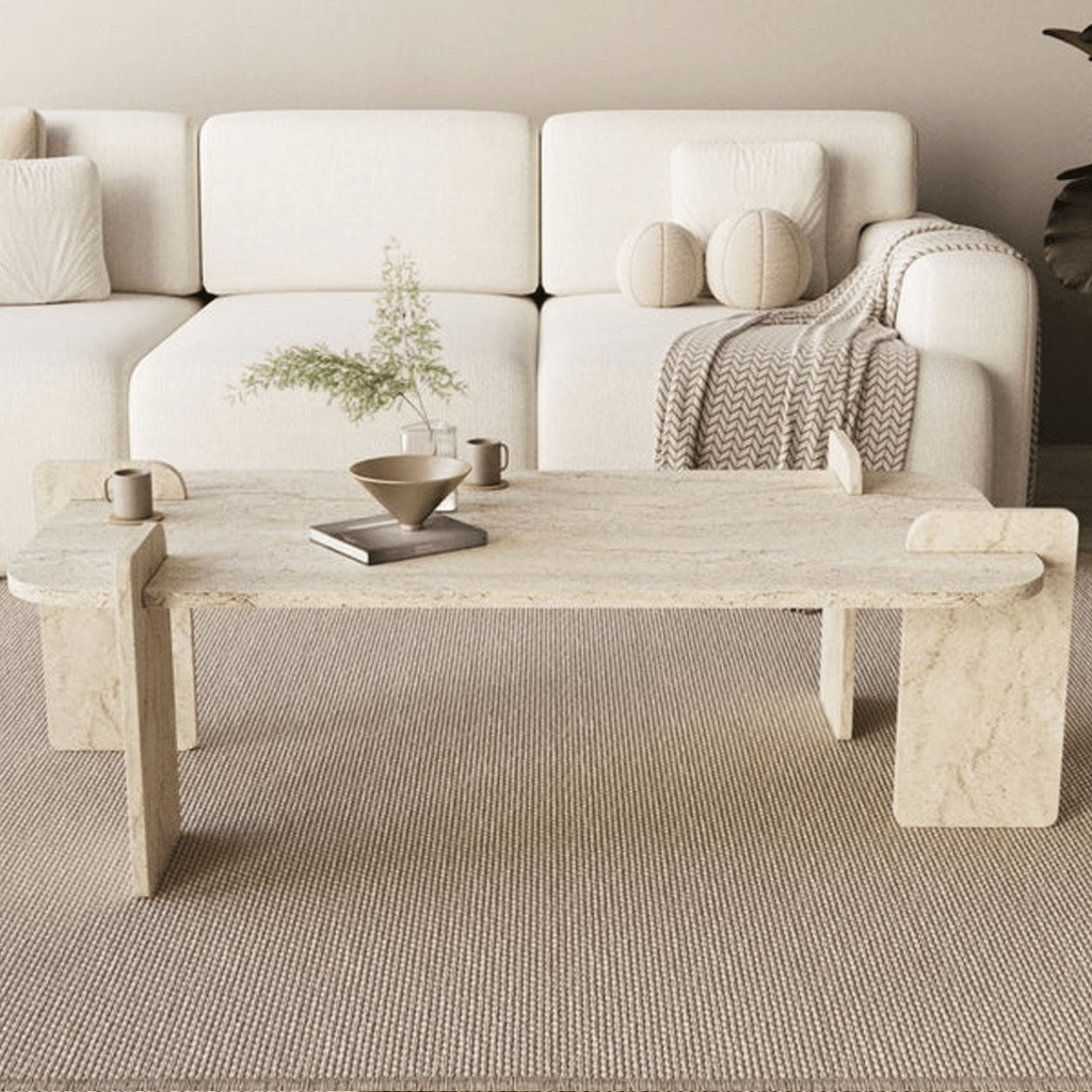 Coffee tables - Coffee table Travertine melamine Japandi - 120 x 60 cm - round corners - Lovge - Dimehouse