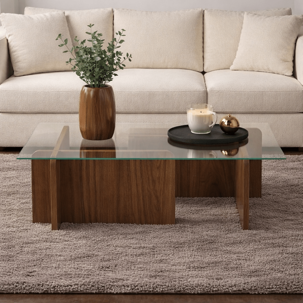 Coffee tables - Coffee table Natural Walnut Glass Opal 105x65x30 cm - Dimehouse