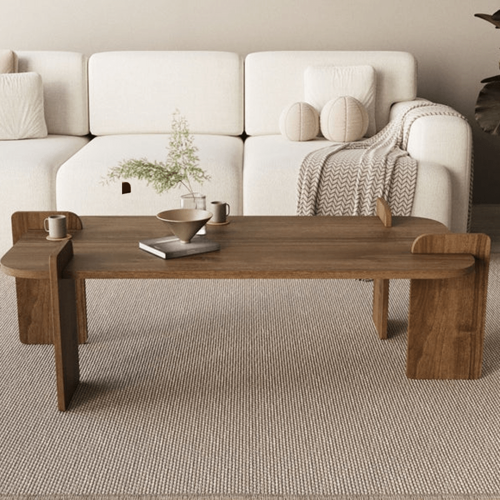 Coffee tables - Coffee table Walnut melamine Japandi - 120 x 60 cm - round corners - Lovge - Dimehouse