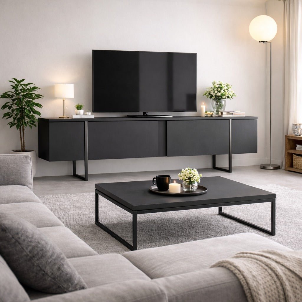 TV Furniture - TV Furniture Anthracite Luxury 180x50x30 - Silver Frame - Dimehouse