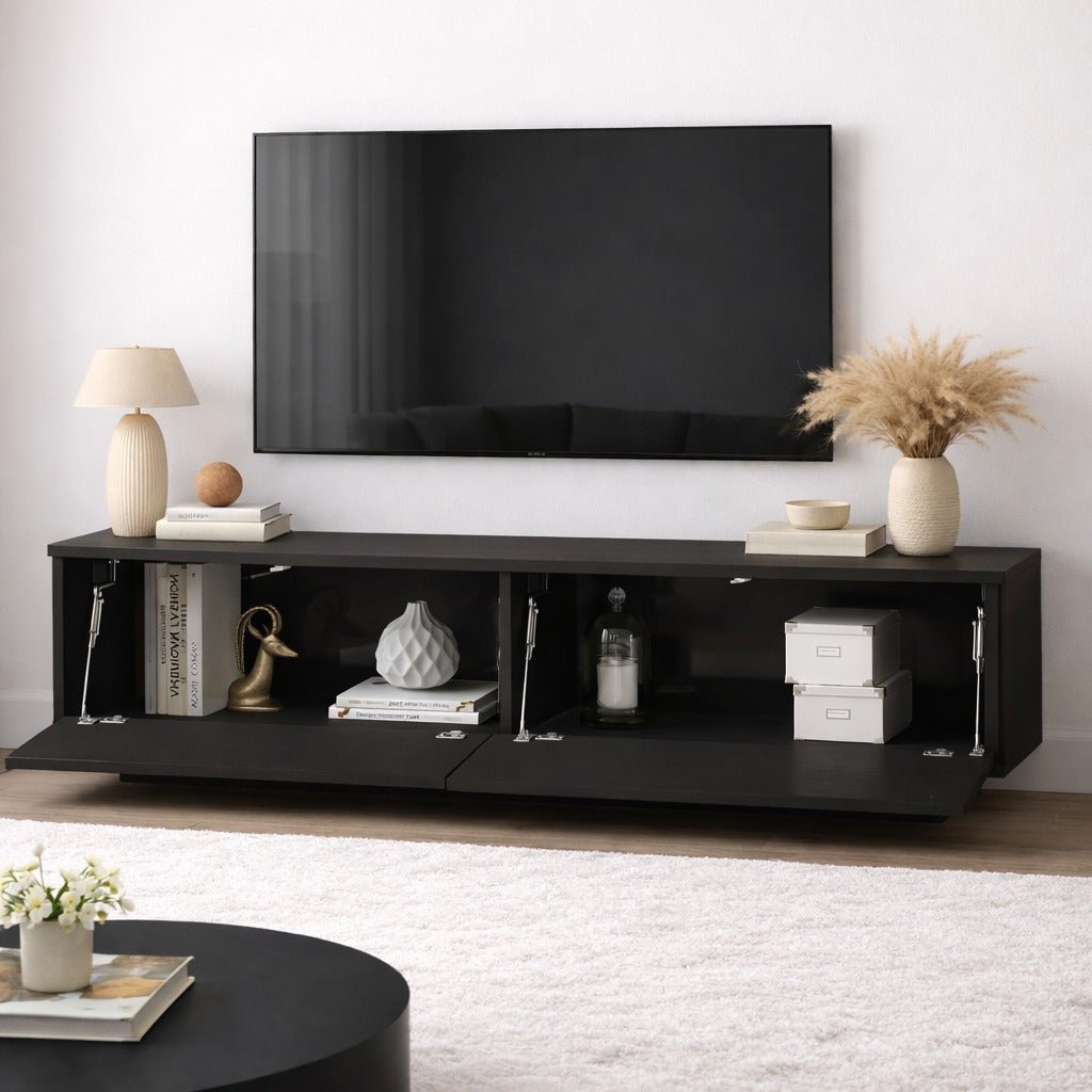 TV Furniture - TV Furniture Merida Black Melamine 140x38.2x35.5 cm - Dimehouse