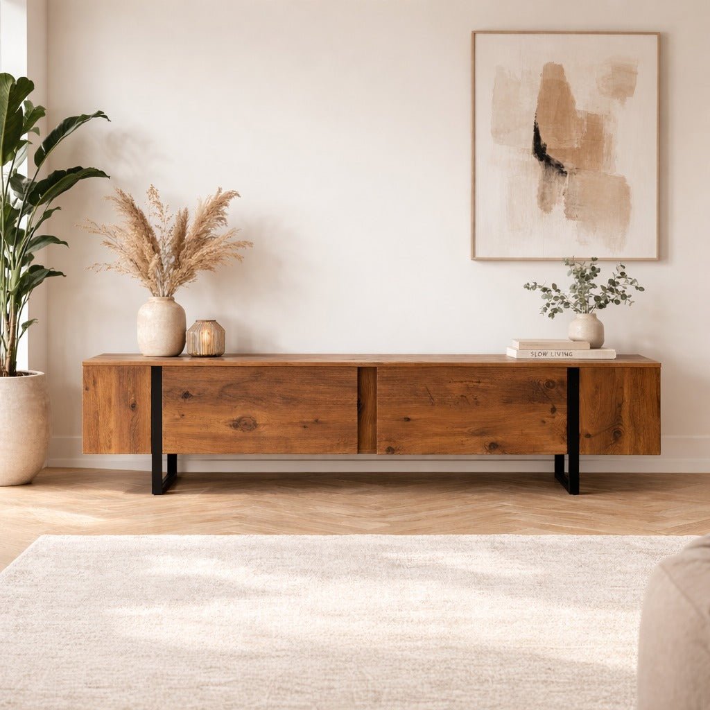 TV Furniture - TV Furniture Natural Melamine Black Frame 180x50x29.5 cm - Blitz - Dimehouse