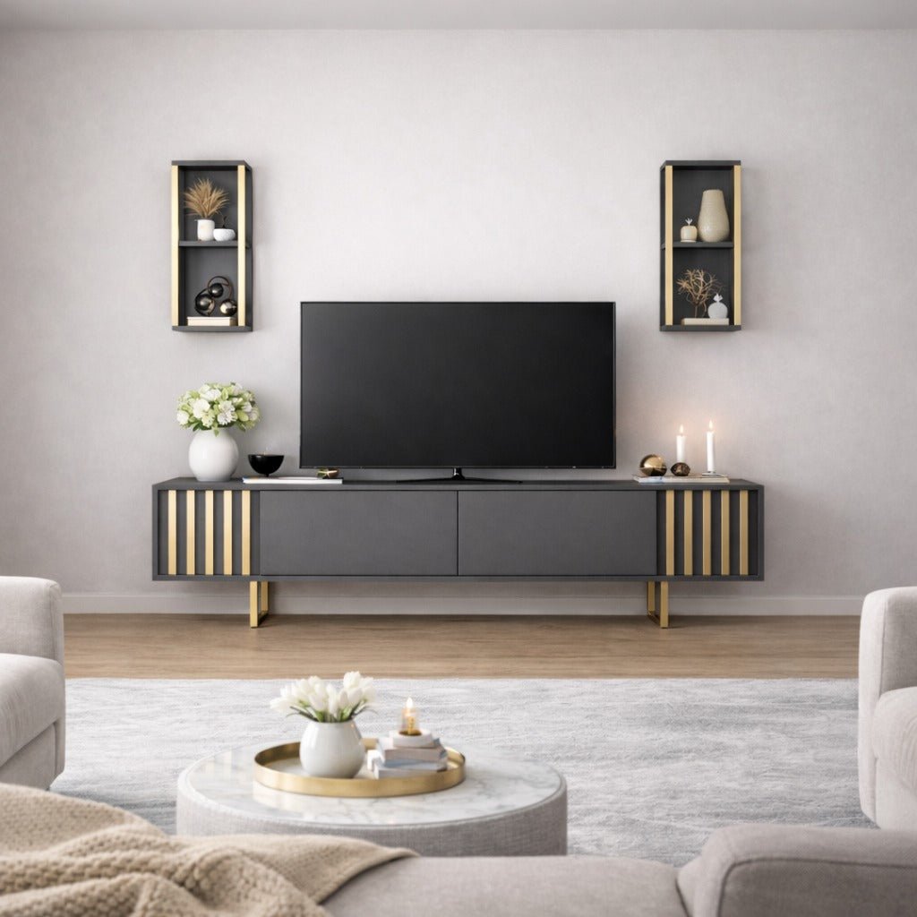 TV Furniture - TV Furniture Set Gold Line Anthracite Black Melamine 180x48x30 cm - Dimehouse