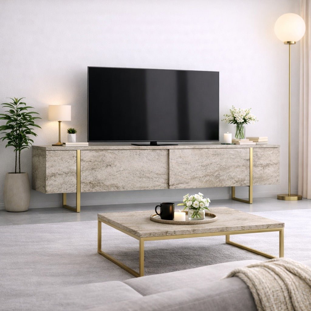 TV Furniture - TV Furniture Travertine Luxury 180x50x30 - Golden Frame - Dimehouse